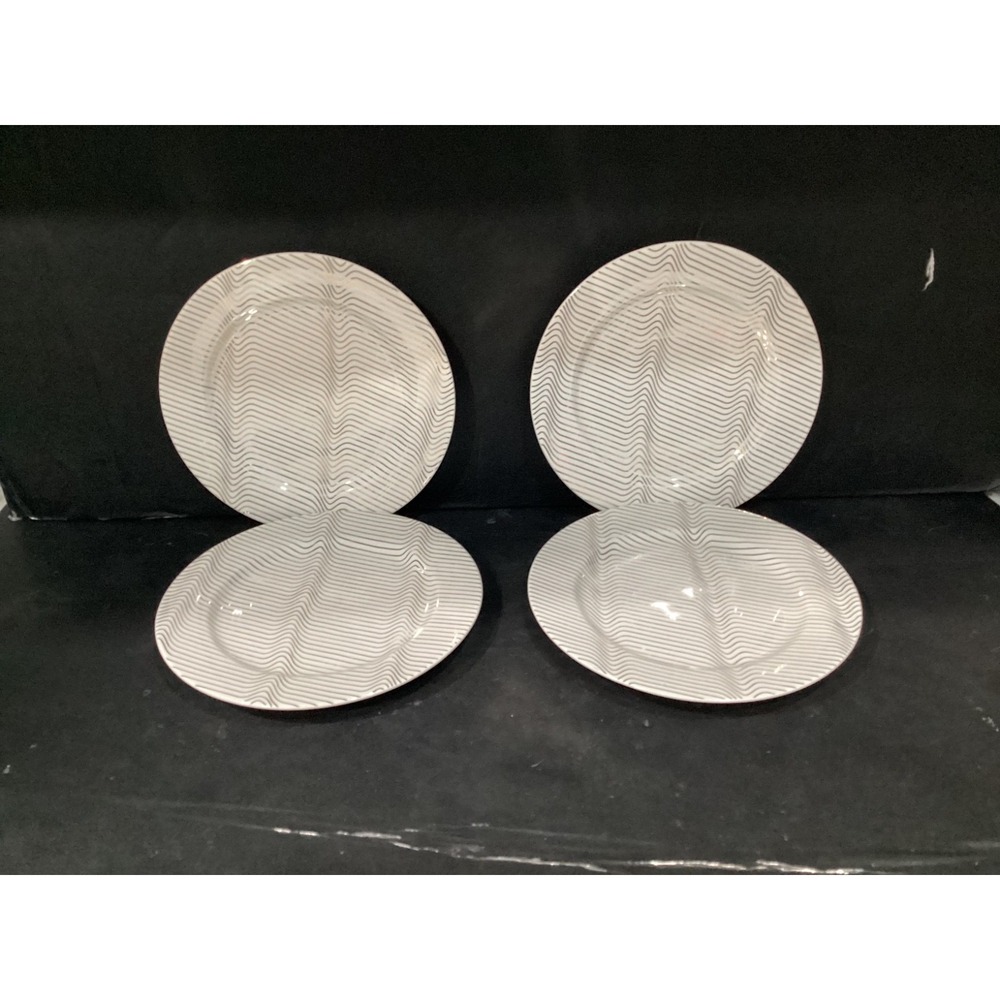 Pier 1 One Opulent Metallic Salad Plates Set of 4 Geometric Porcelain Lines 8"